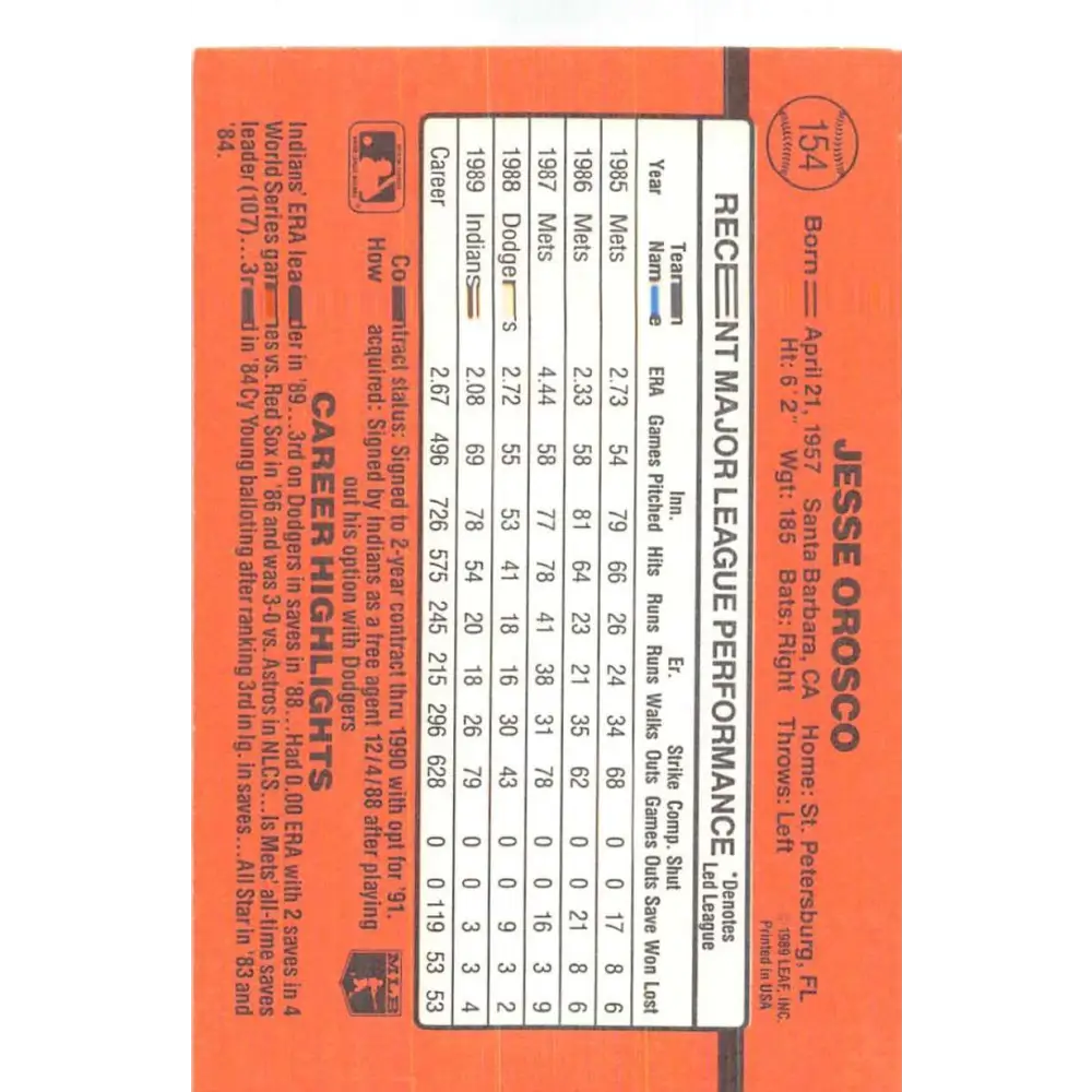 1990 Donruss #154 Jesse Orosco VG-EX Cleveland Indians Baseball Card Image 2