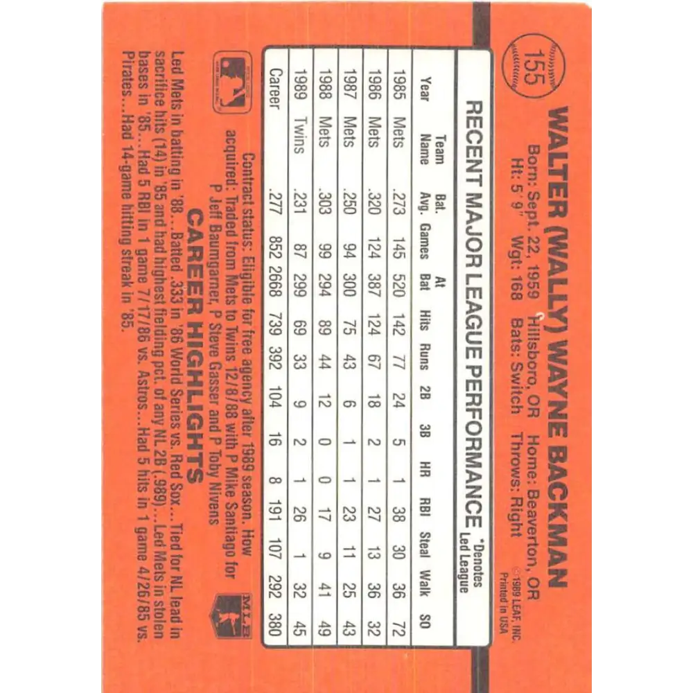 1990 Donruss #155 Wally Backman VG-EX Minnesota Twins Baseball Card Image 2