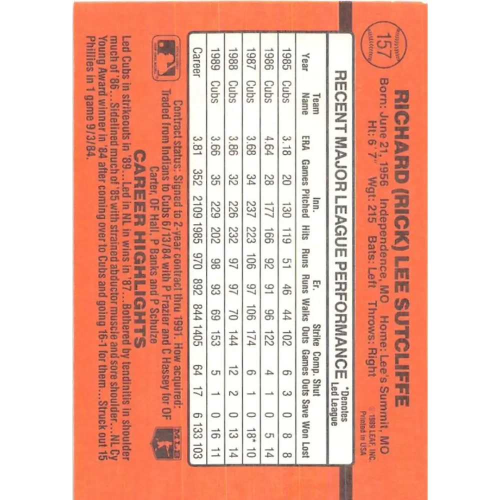 1990 Donruss #157 Rick Sutcliffe VG-EX Chicago Cubs Baseball Card Image 2