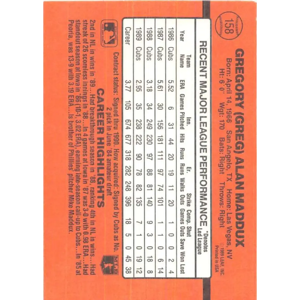1990 Donruss #158 Greg Maddux VG-EX Chicago Cubs Baseball Card Image 2