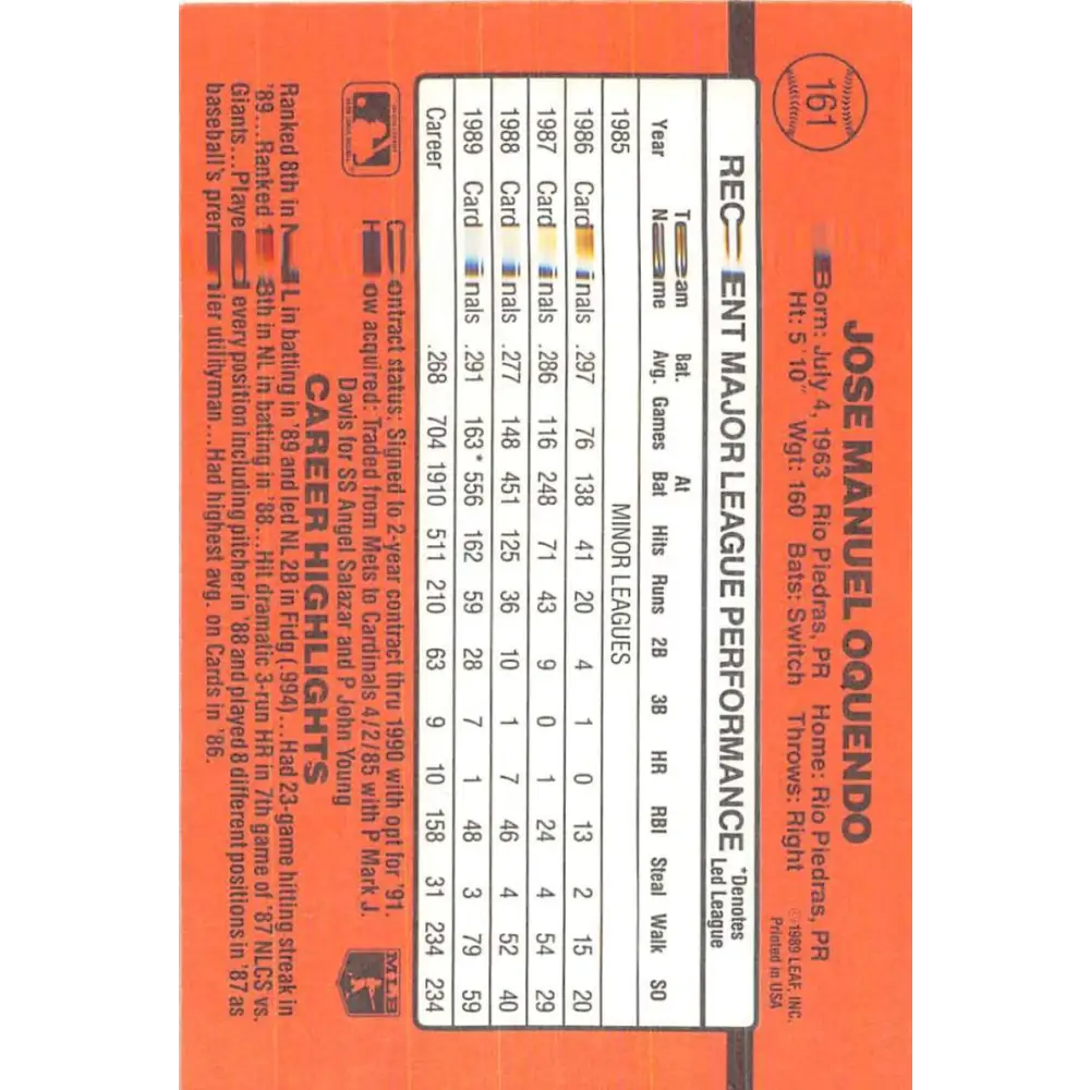 1990 Donruss #161 Jose Oquendo VG-EX St. Louis Cardinals Baseball Card Image 2