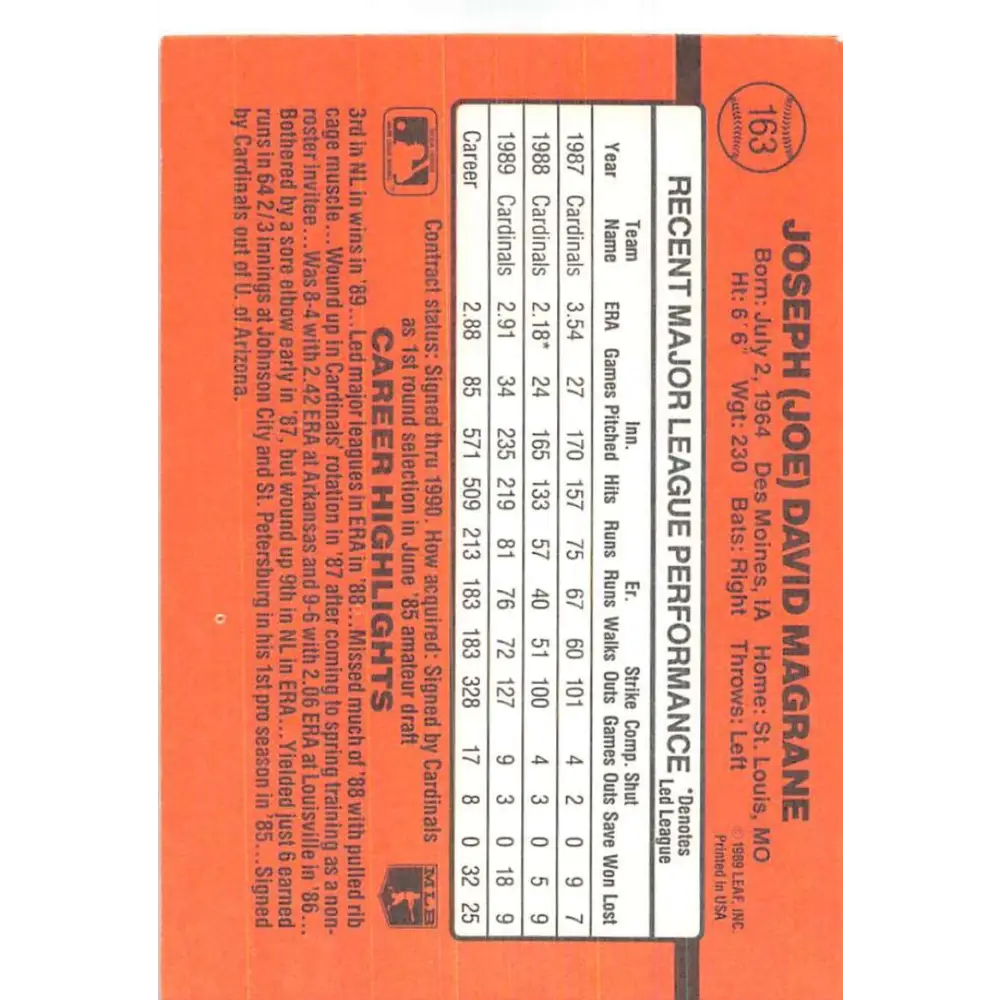 1990 Donruss #163 Joe Magrane VG-EX St. Louis Cardinals Baseball Card Image 2