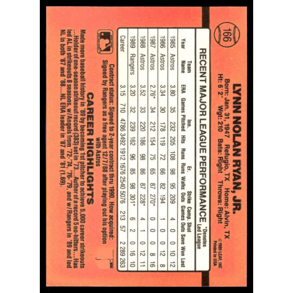 1990 Donruss #166 Nolan Ryan EX/NM Texas Rangers Baseball Card Image 2