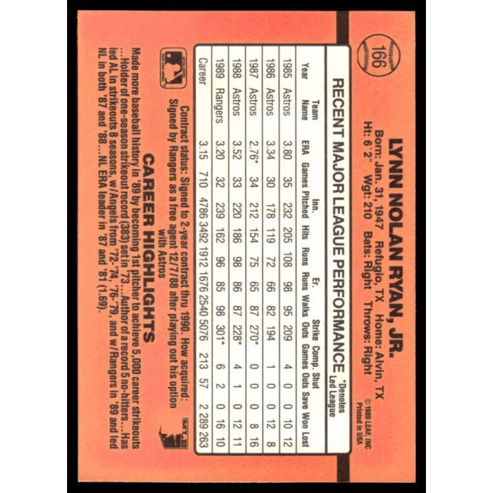 1990 Donruss #166 Nolan Ryan EX/NM Texas Rangers Baseball Card Image 2