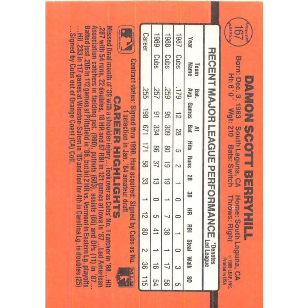 1990 Donruss #167 Damon Berryhill VG-EX Chicago Cubs Baseball Card Image 2
