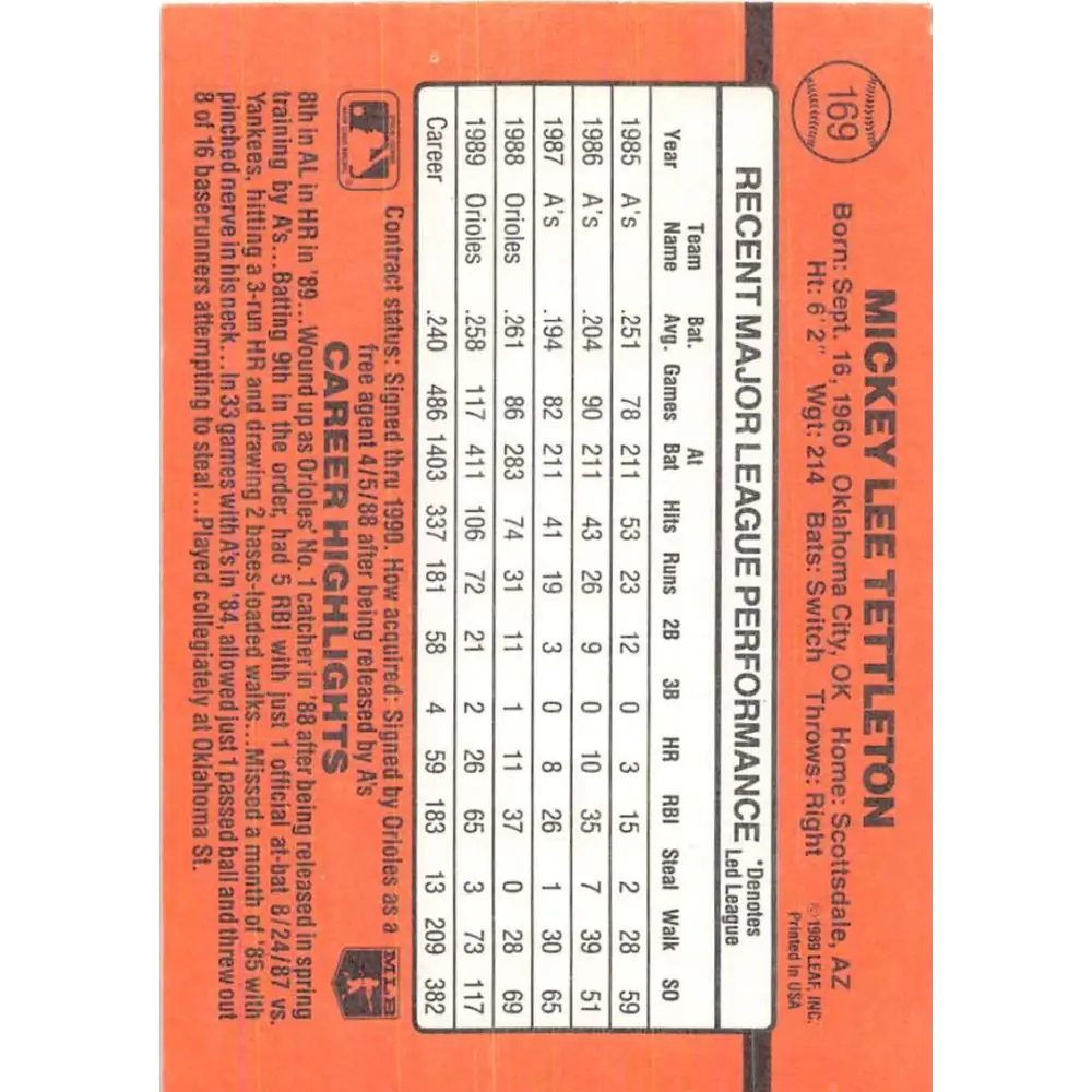 1990 Donruss #169 Mickey Tettleton VG-EX Baltimore Orioles Baseball Card Image 2