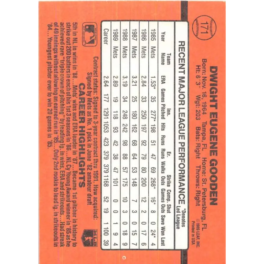 1990 Donruss #171 Dwight Gooden VG-EX New York Mets Baseball Card Image 2