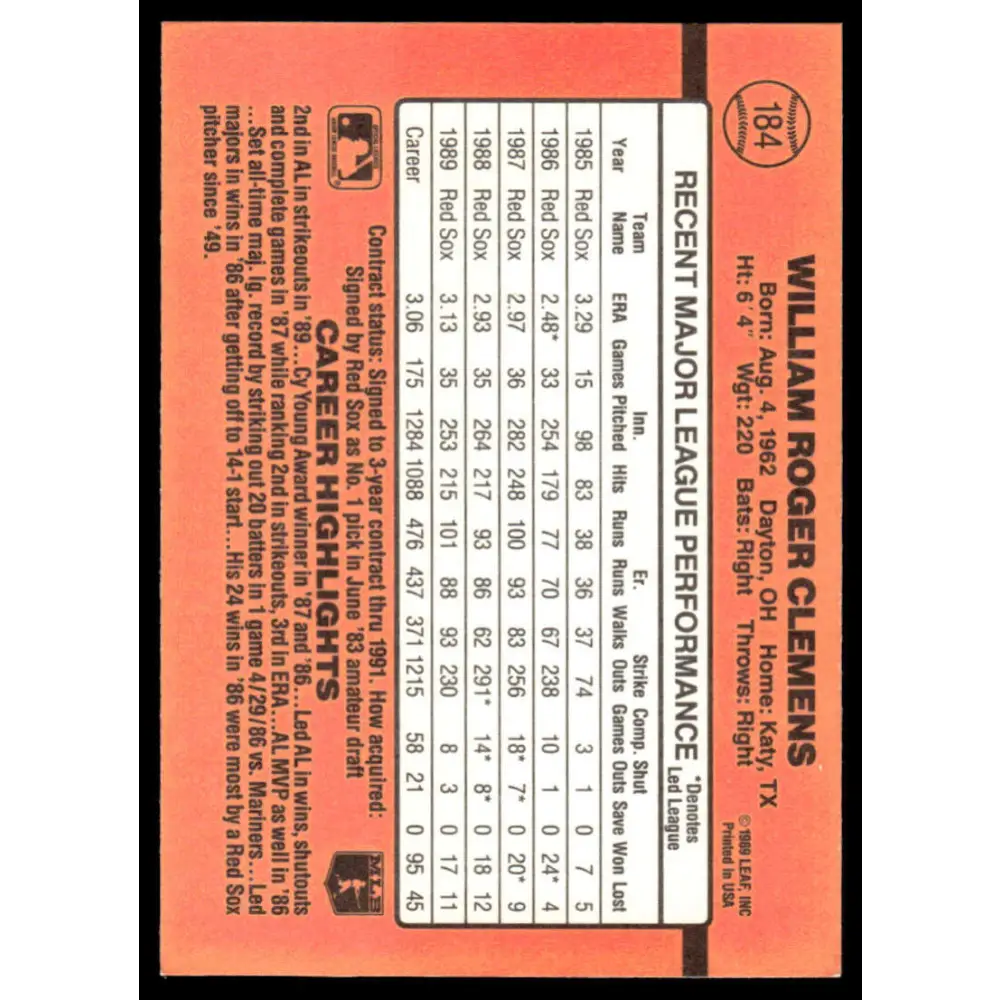 1990 Donruss #184 Roger Clemens EX/NM Boston Red Sox Baseball Card Image 2