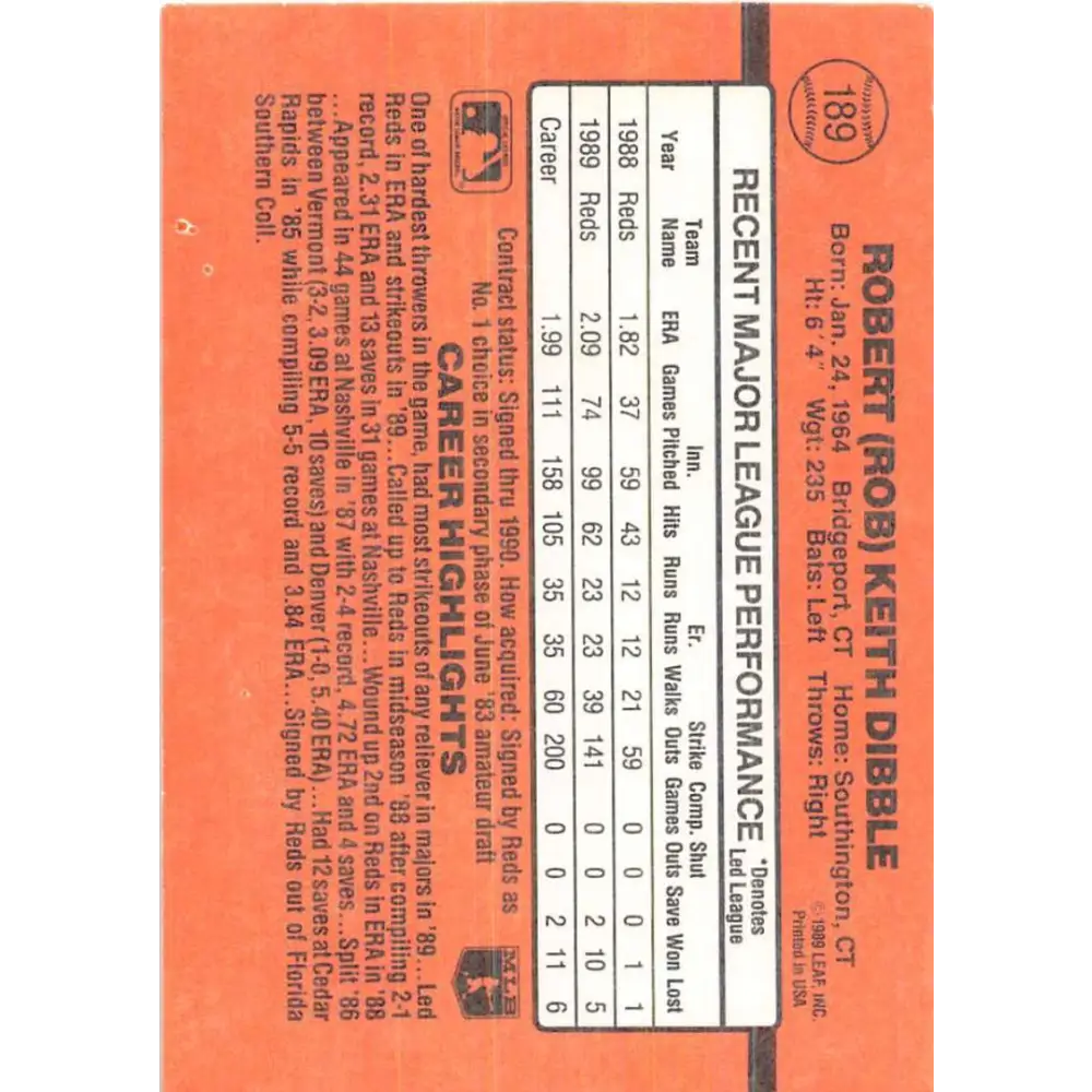 1990 Donruss #189 Rob Dibble VG-EX Cincinnati Reds Baseball Card Image 2