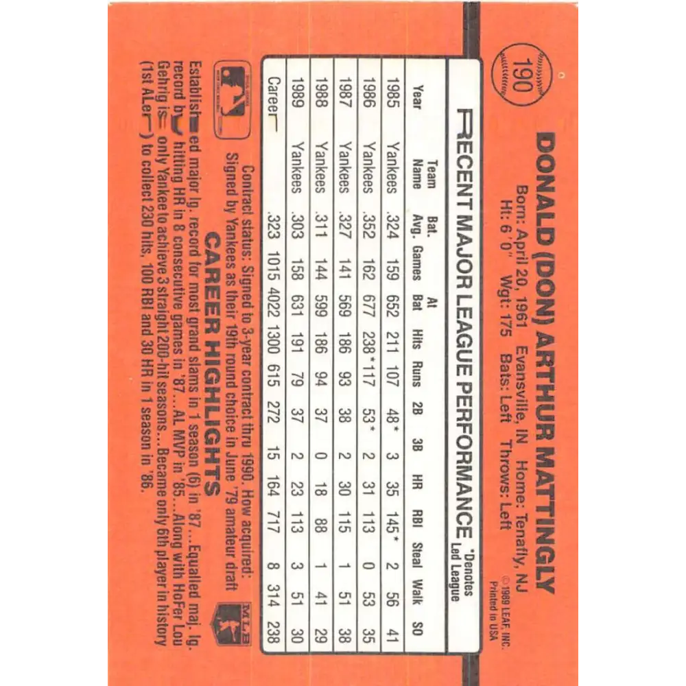 1990 Donruss #190 Don Mattingly VG-EX New York Yankees Baseball Card Image 2