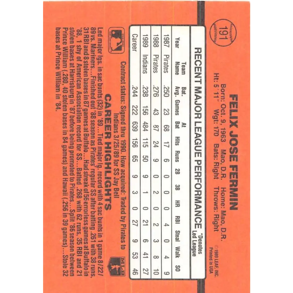 1990 Donruss #191 Felix Fermin VG-EX Cleveland Indians Baseball Card Image 2