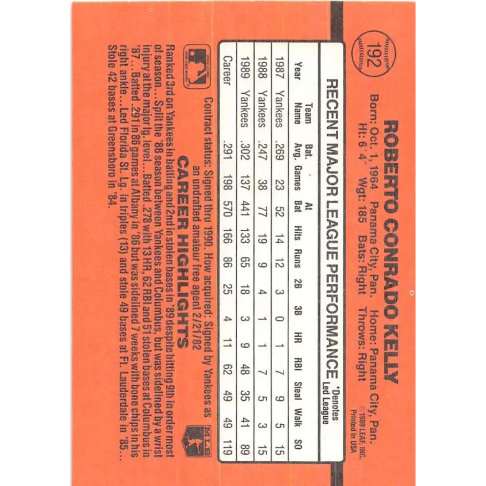 1990 Donruss #192 Roberto Kelly VG-EX New York Yankees Baseball Card Image 2