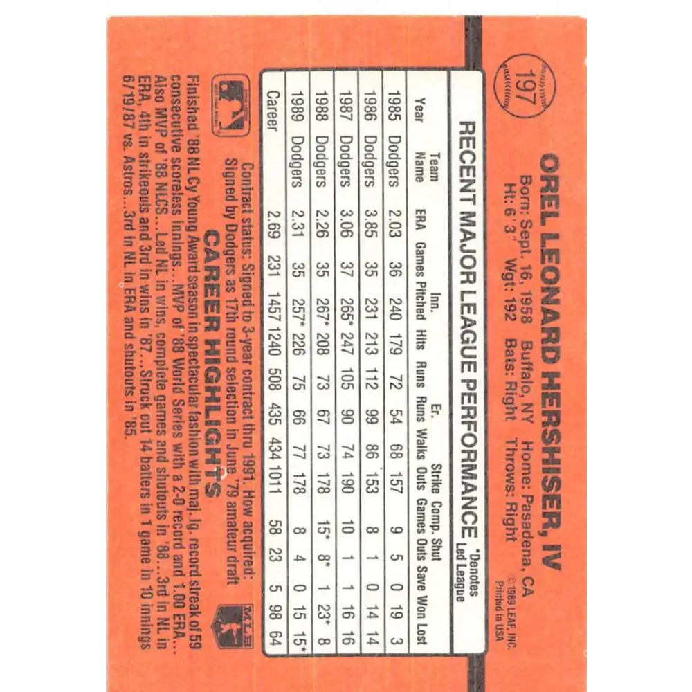 1990 Donruss #197 Orel Hershiser VG-EX Los Angeles Dodgers Baseball Card Image 2