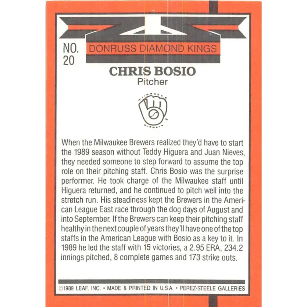 1990 Donruss #20 Chris Bosio DK VG-EX Milwaukee Brewers Baseball Card Image 2