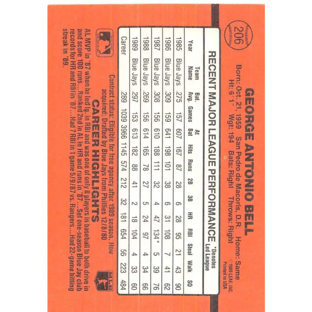 1990 Donruss #206 George Bell VG-EX Toronto Blue Jays Baseball Card Image 2