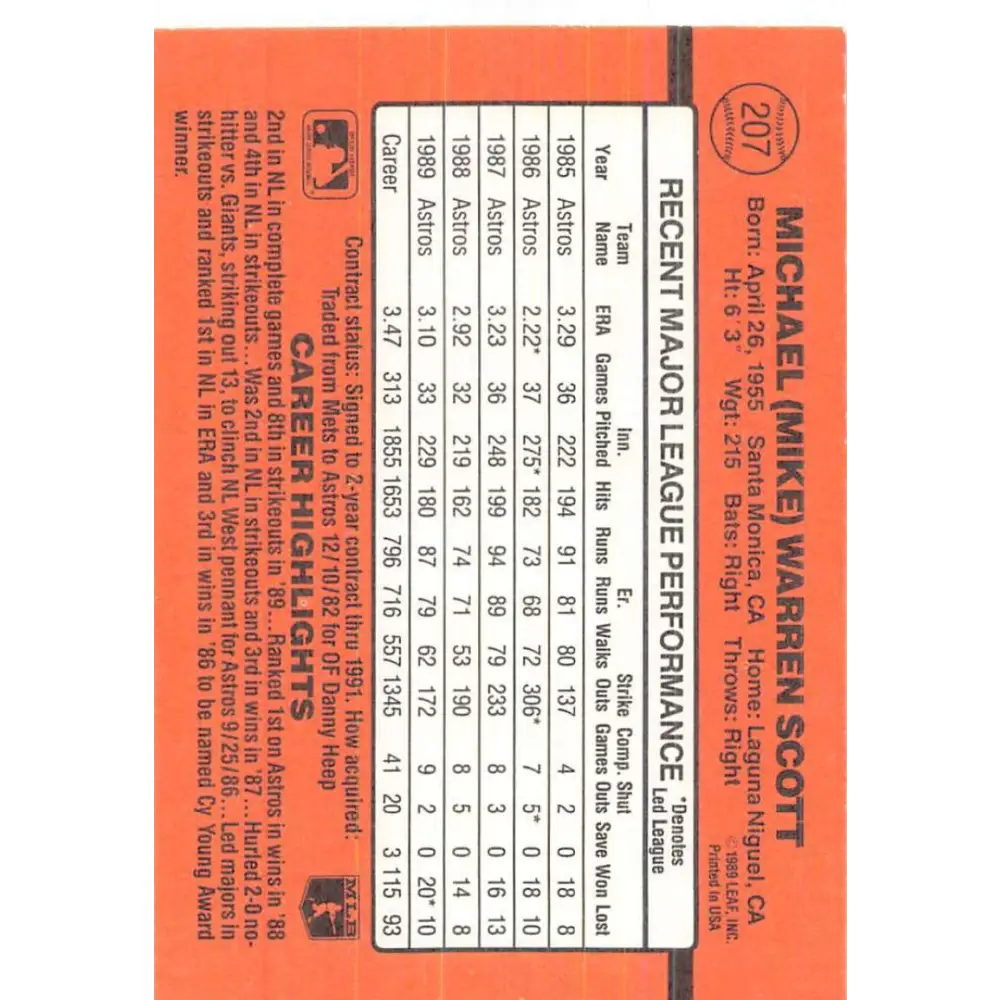 1990 Donruss #207 Mike Scott VG-EX Houston Astros Baseball Card Image 2