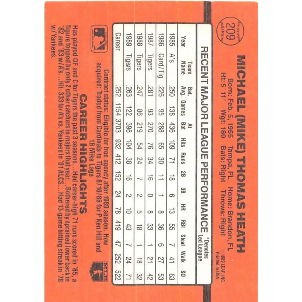 1990 Donruss #209 Mike Heath VG-EX Detroit Tigers Baseball Card Image 2