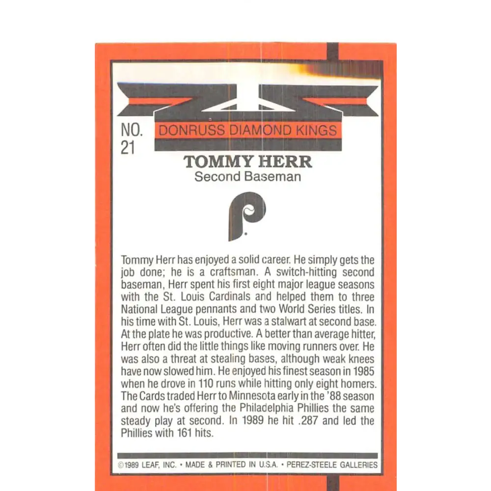 1990 Donruss #21 Tom Herr DK DP VG-EX Philadelphia Phillies Baseball Card Image 2