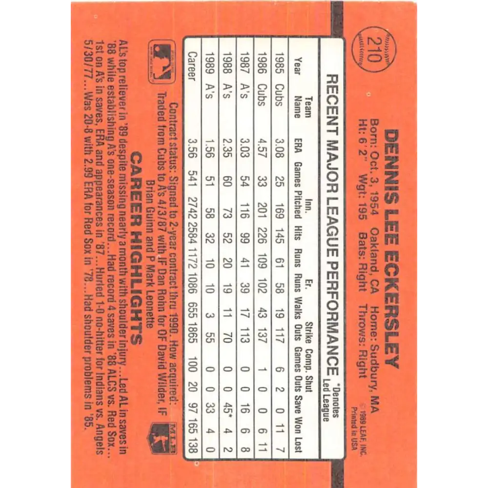1990 Donruss #210 Dennis Eckersley VG-EX Oakland Athletics Baseball Card Image 2