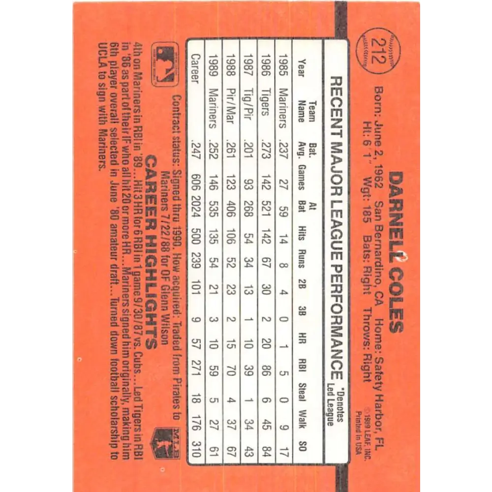 1990 Donruss #212 Darnell Coles VG-EX Seattle Mariners Baseball Card Image 2