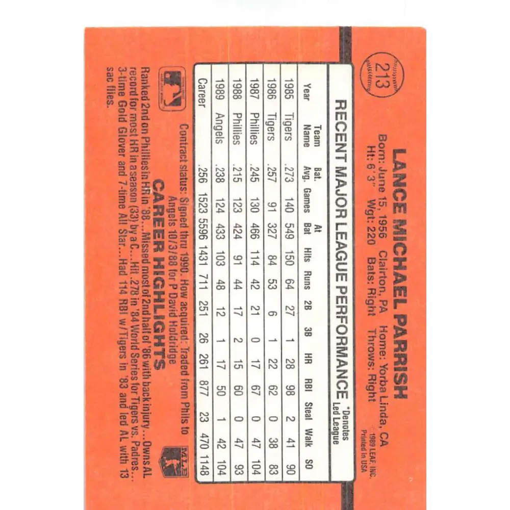 1990 Donruss #213 Lance Parrish VG-EX California Angels Baseball Card Image 2