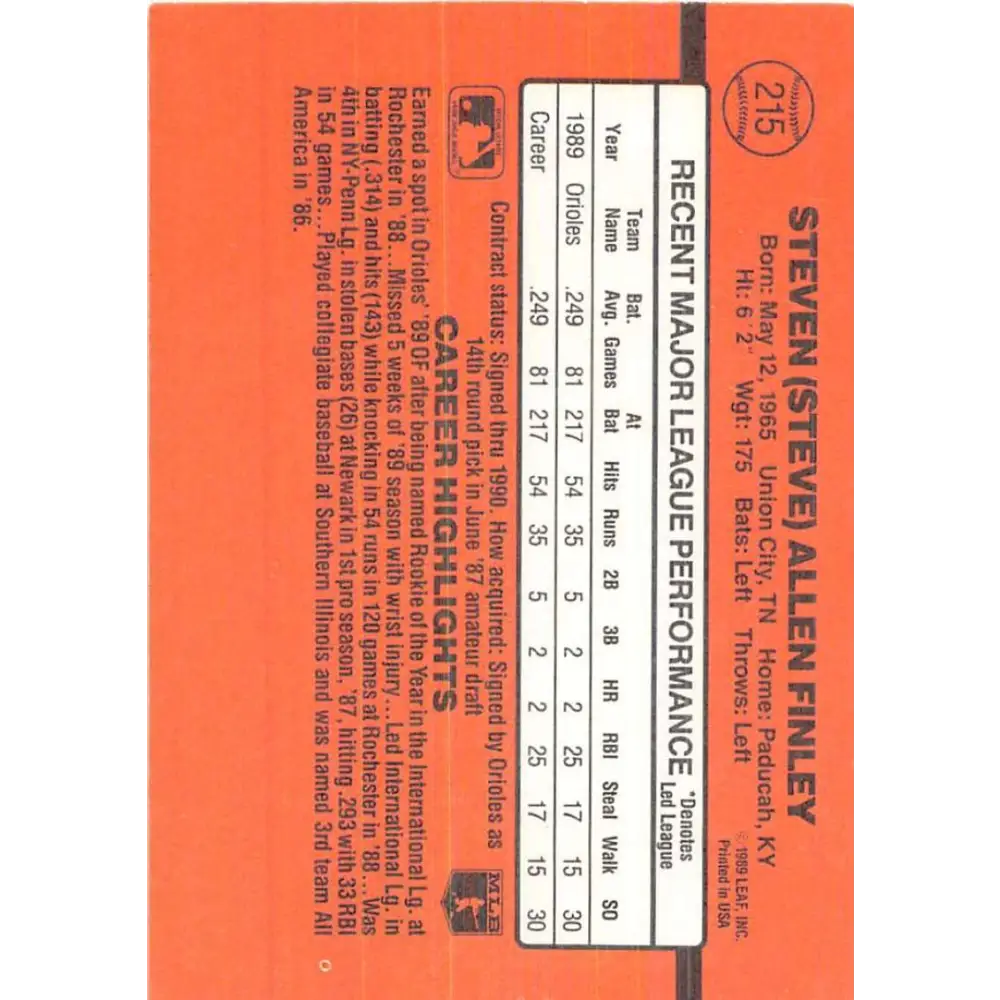 1990 Donruss #215 Steve Finley VG-EX Baltimore Orioles Baseball Card Image 2