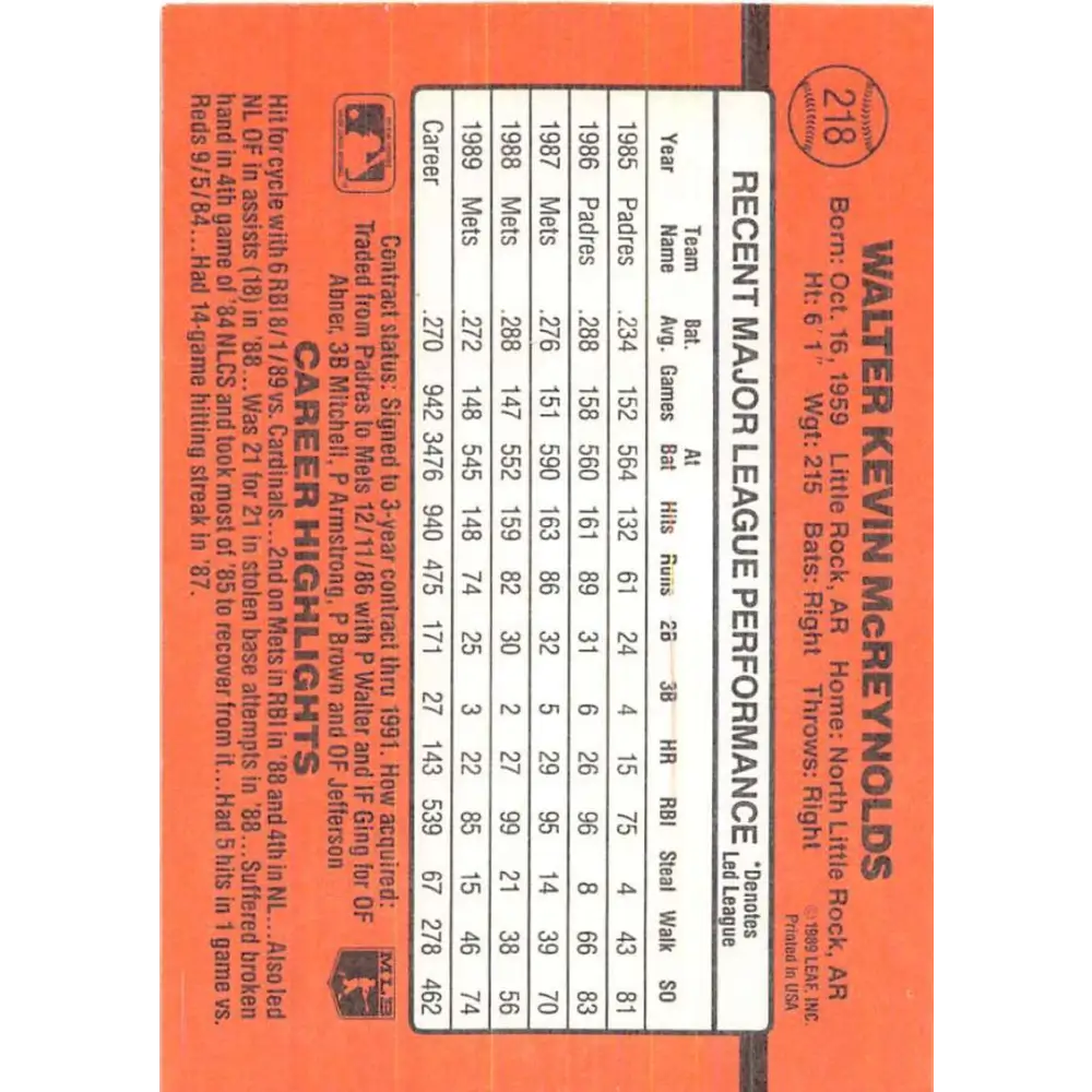 1990 Donruss #218 Kevin McReynolds VG-EX New York Mets Baseball Card Image 2