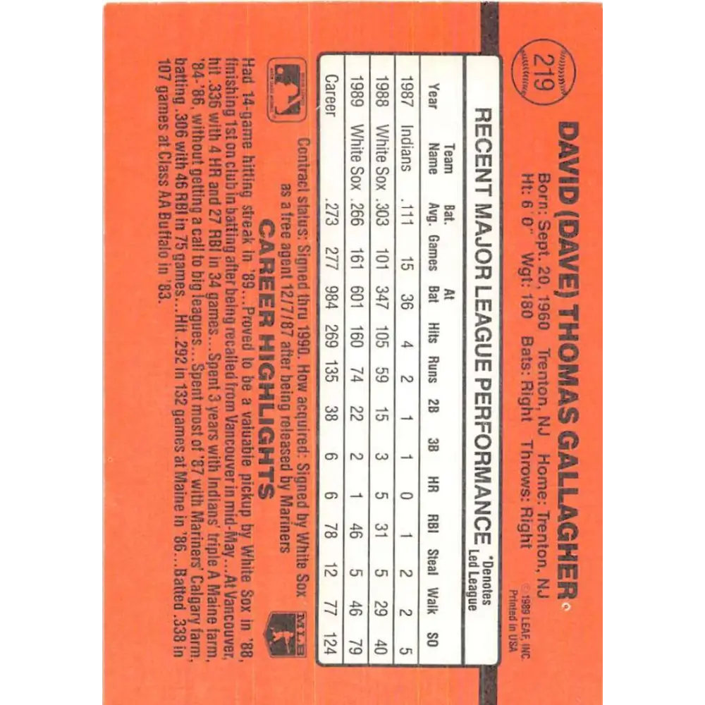 1990 Donruss #219 Dave Gallagher VG-EX Chicago White Sox Baseball Card Image 2