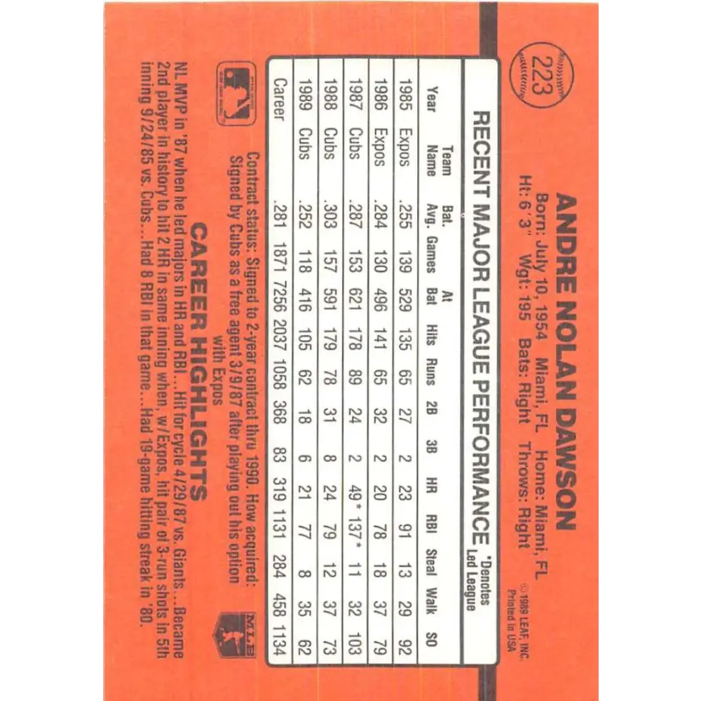 1990 Donruss #223 Andre Dawson VG-EX Chicago Cubs Baseball Card Image 2