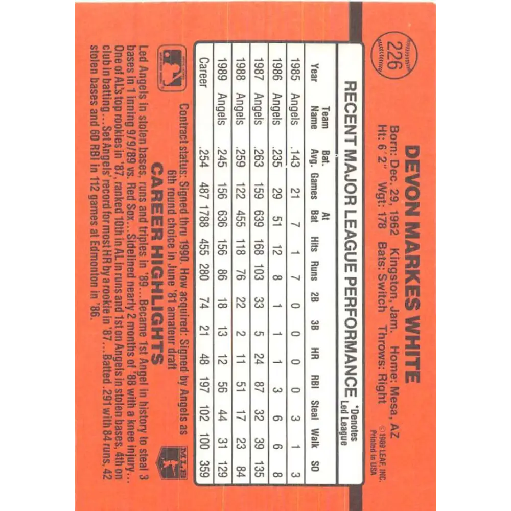1990 Donruss #226 Devon White VG-EX California Angels Baseball Card Image 2