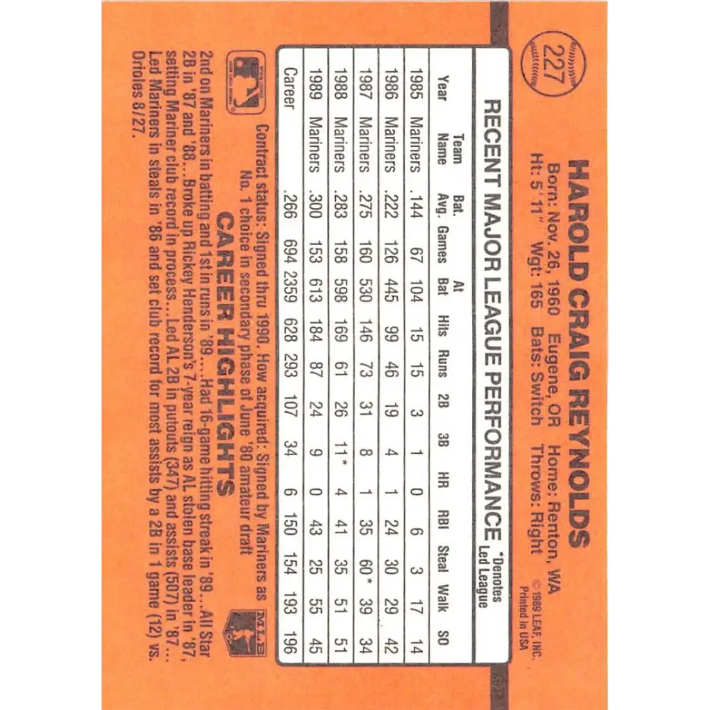 1990 Donruss #227 Harold Reynolds VG-EX Seattle Mariners Baseball Card Image 2