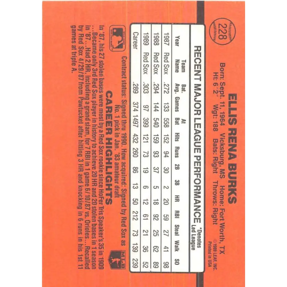 1990 Donruss #228 Ellis Burks VG-EX Boston Red Sox Baseball Card Image 2
