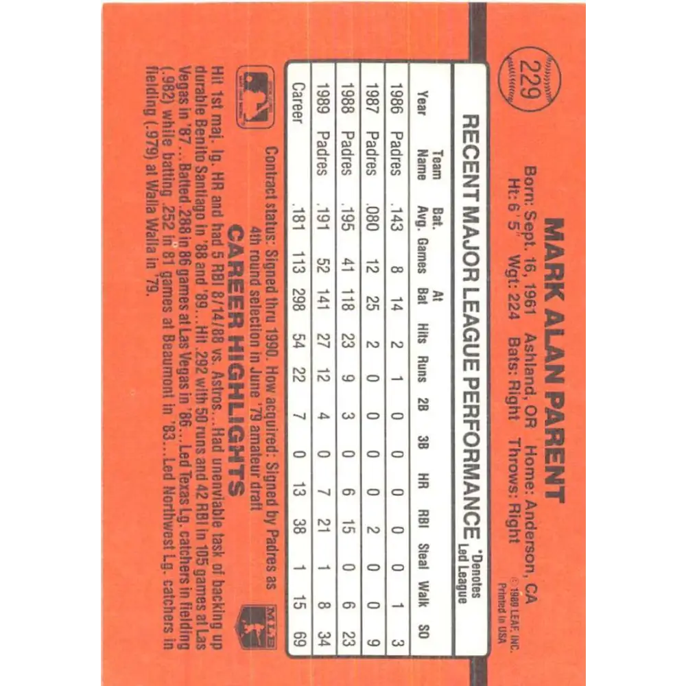 1990 Donruss #229 Mark Parent VG-EX San Diego Padres Baseball Card Image 2