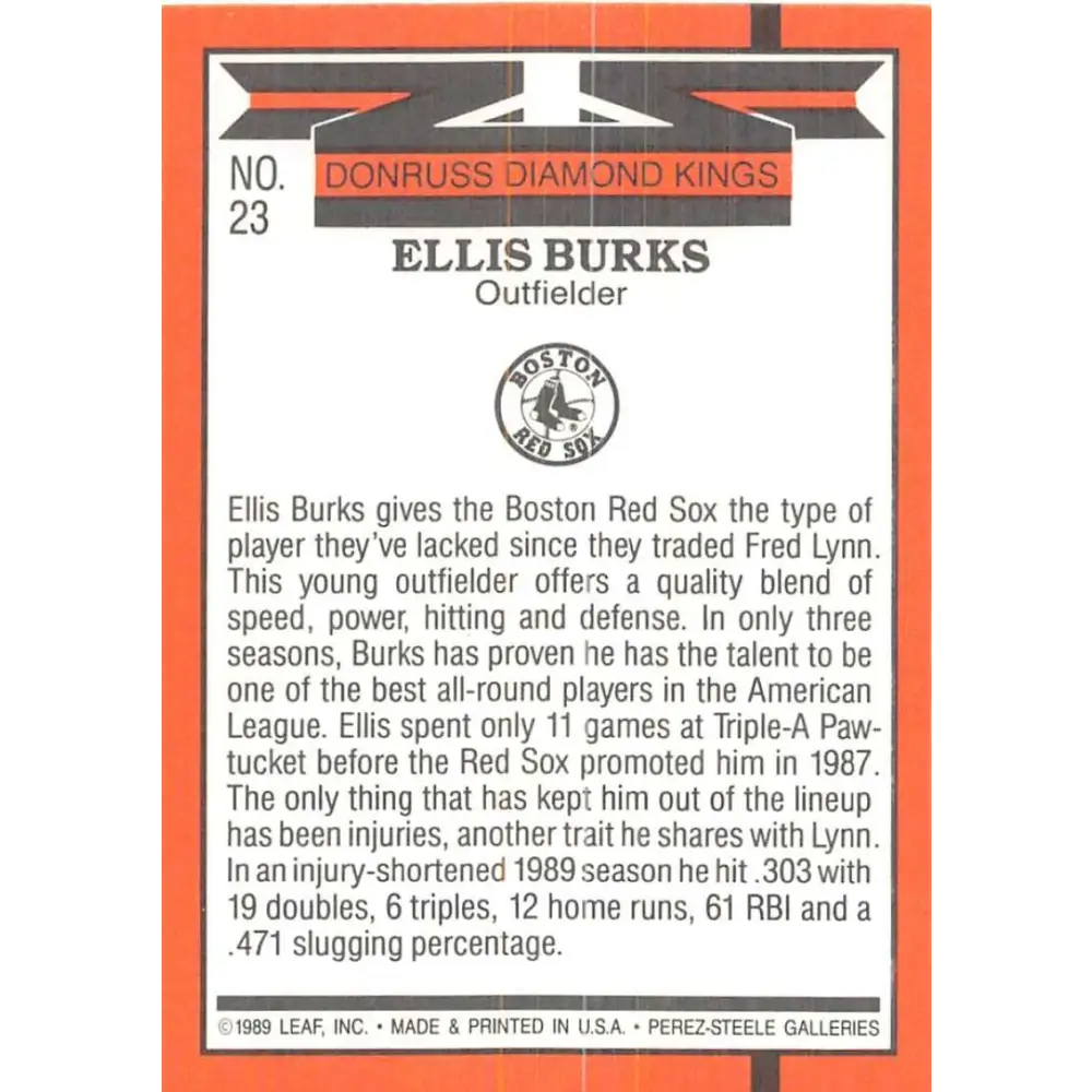 1990 Donruss #23 Ellis Burks DK VG-EX Boston Red Sox Baseball Card Image 2