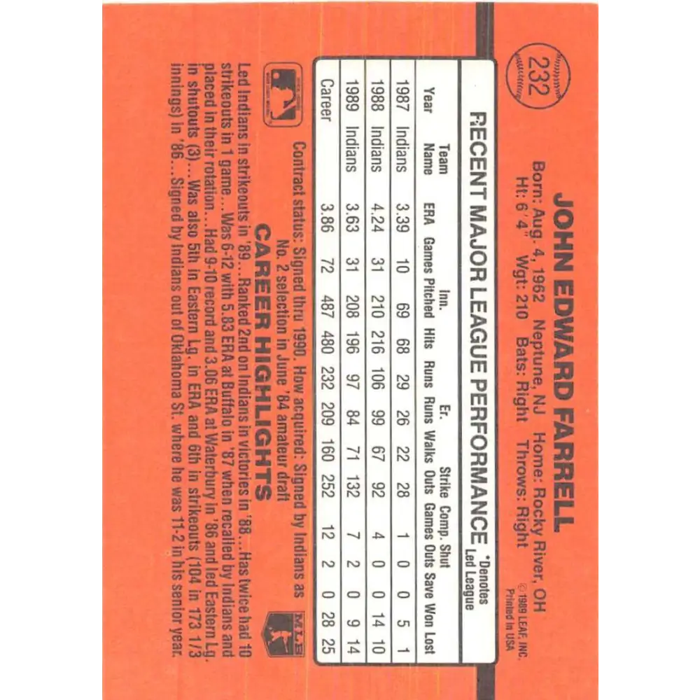 1990 Donruss #232 John Farrell VG-EX Cleveland Indians Baseball Card Image 2