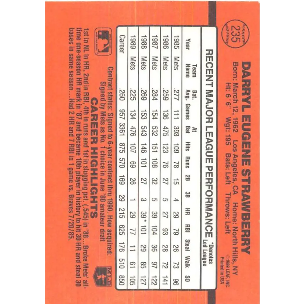 1990 Donruss #235 Darryl Strawberry VG-EX New York Mets Baseball Card Image 2