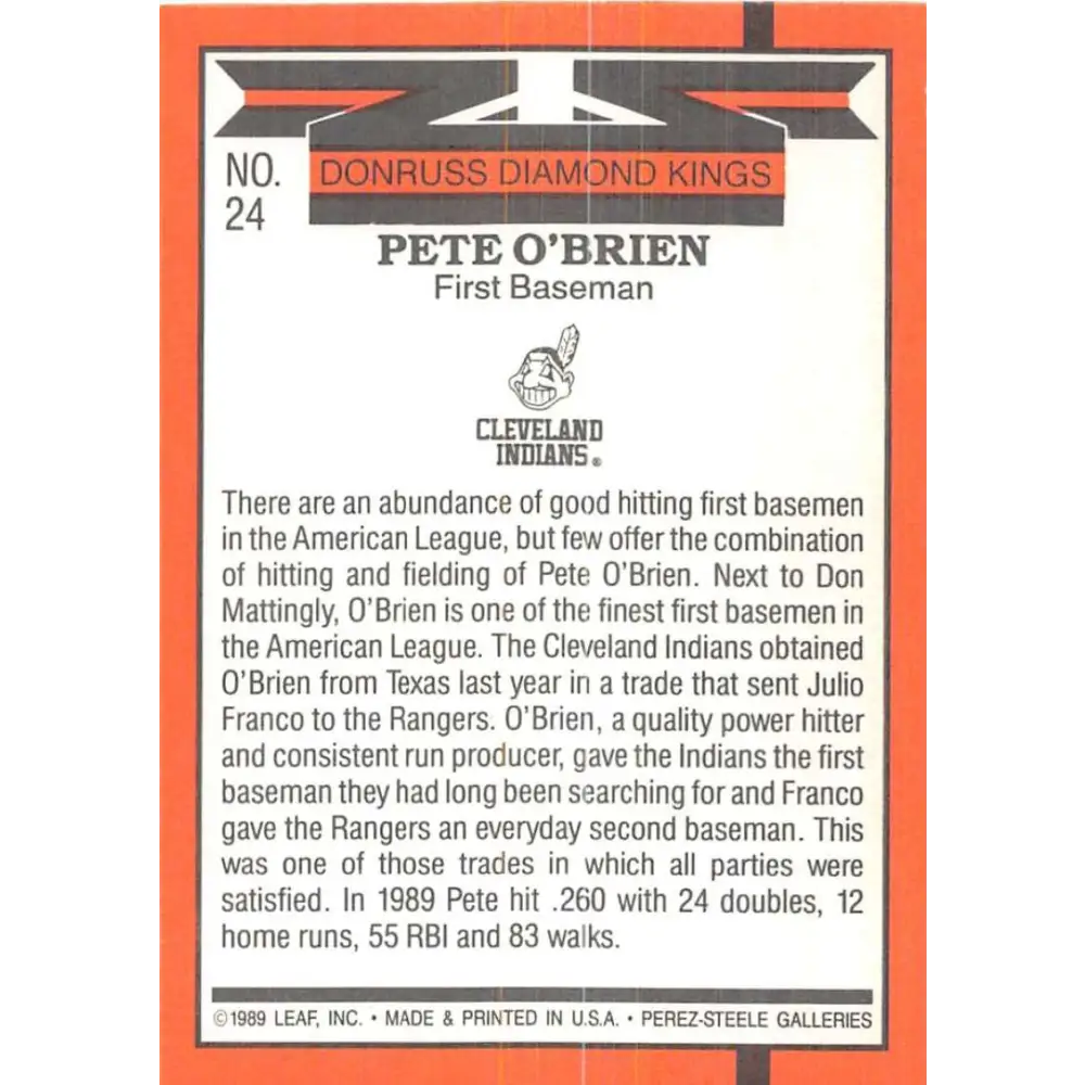 1990 Donruss #24 Pete O'Brien DK VG-EX Cleveland Indians Baseball Card Image 2