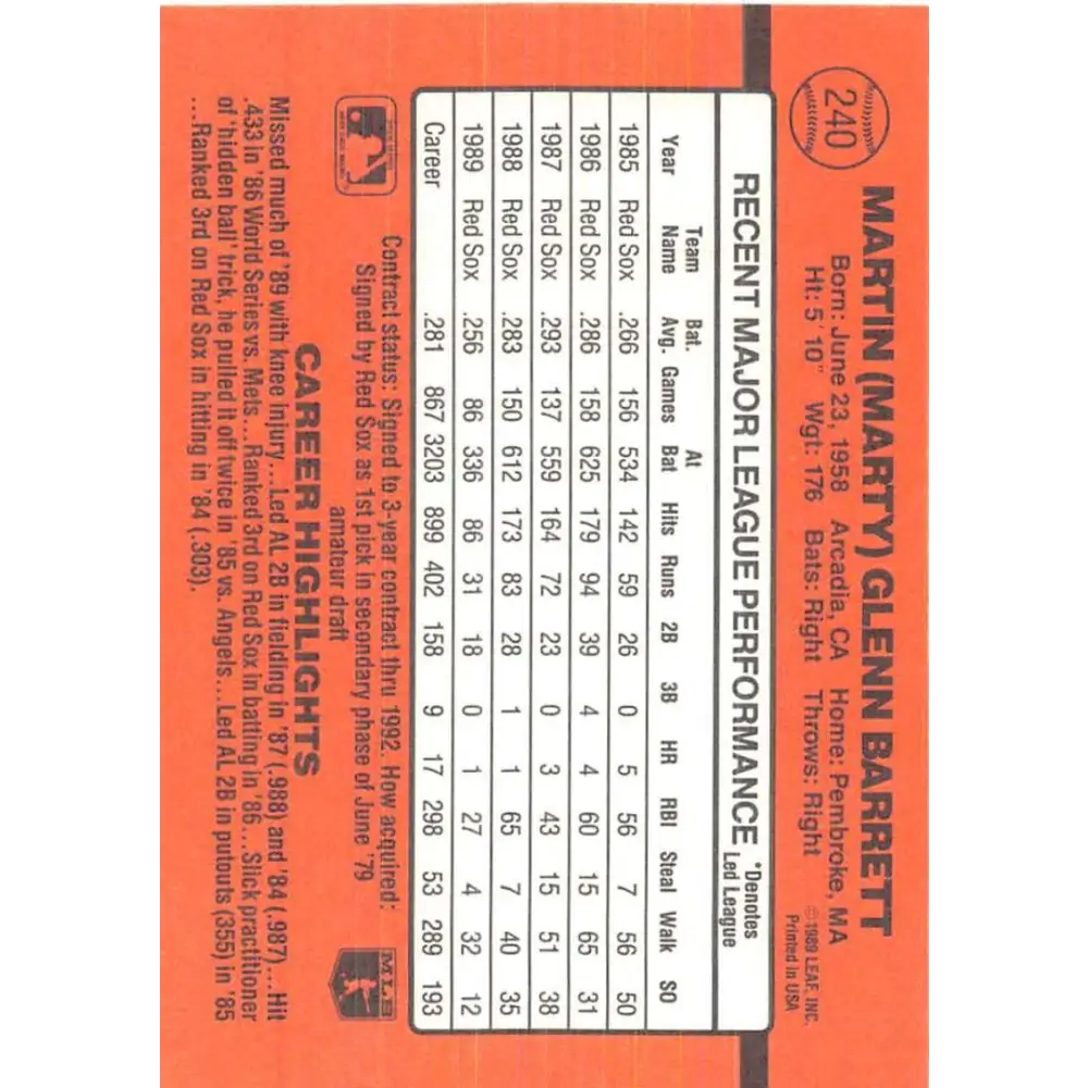 1990 Donruss #240 Marty Barrett VG-EX Boston Red Sox Baseball Card Image 2