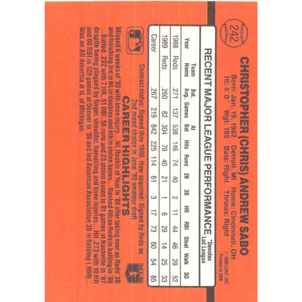 1990 Donruss #242 Chris Sabo VG-EX Cincinnati Reds Baseball Card Image 2