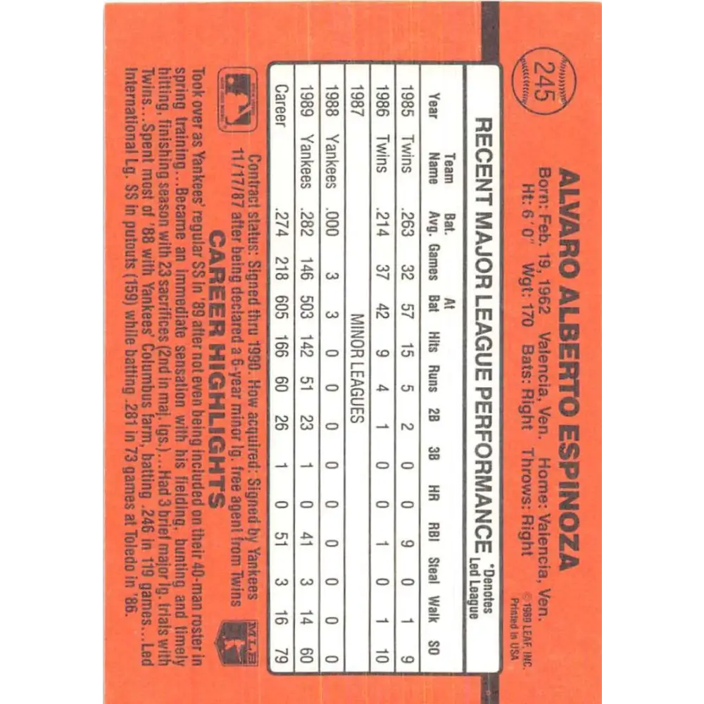 1990 Donruss #245 Alvaro Espinoza VG-EX New York Yankees Baseball Card Image 2