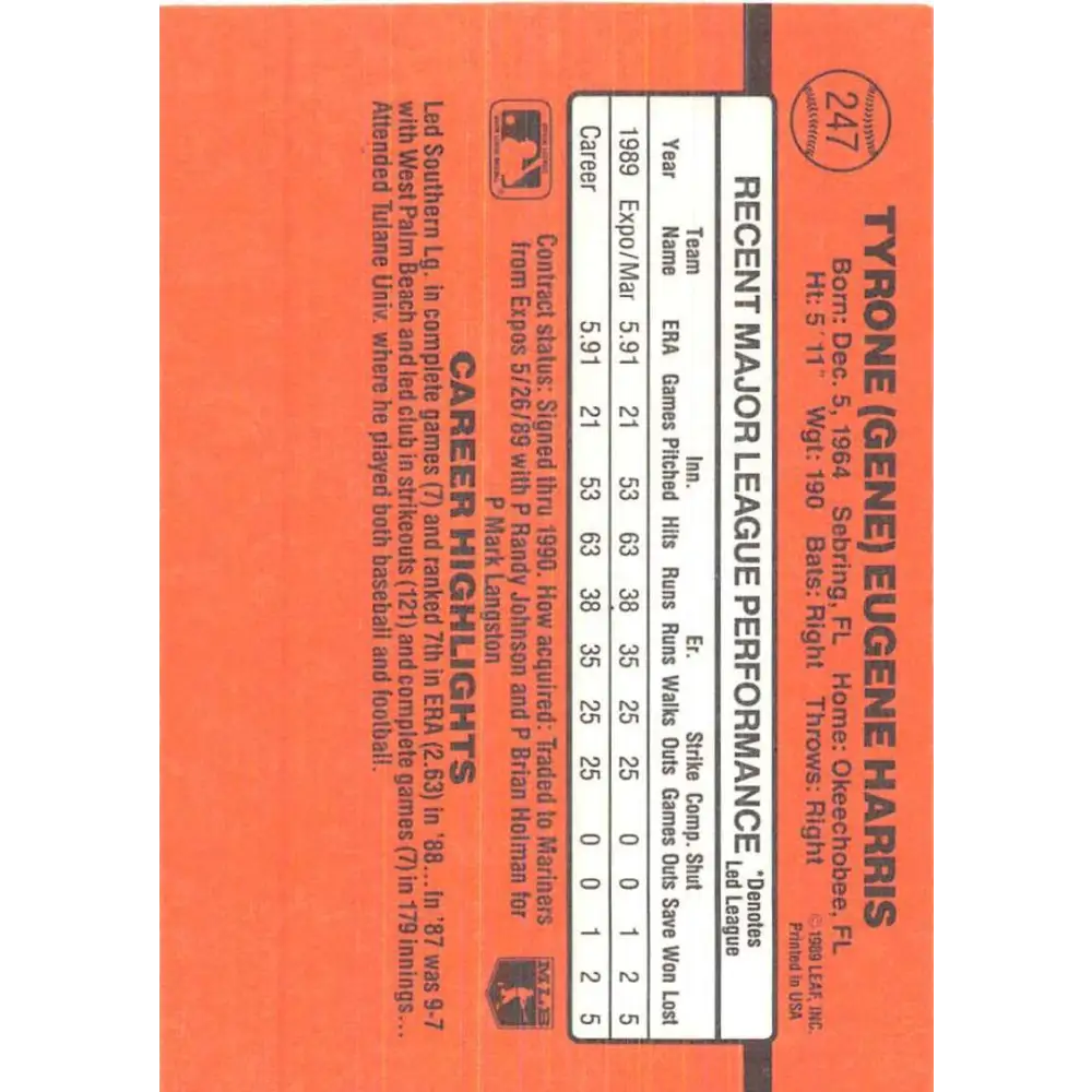 1990 Donruss #247 Gene Harris VG-EX Seattle Mariners Baseball Card Image 2