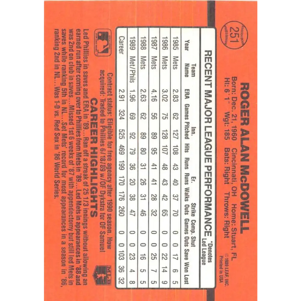 1990 Donruss #251 Roger McDowell VG-EX Philadelphia Phillies Baseball Card Image 2