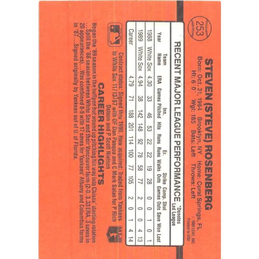 1990 Donruss #253 Steve Rosenberg VG-EX Chicago White Sox Baseball Card Image 2