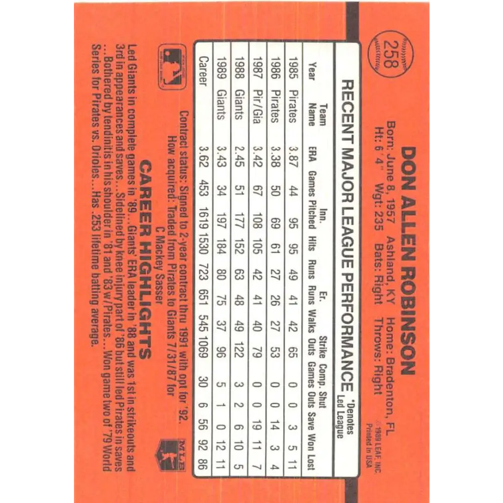1990 Donruss #258 Don Robinson VG-EX San Francisco Giants Baseball Card Image 2