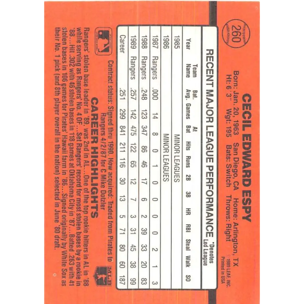 1990 Donruss #260 Cecil Espy VG-EX Texas Rangers Baseball Card Image 2