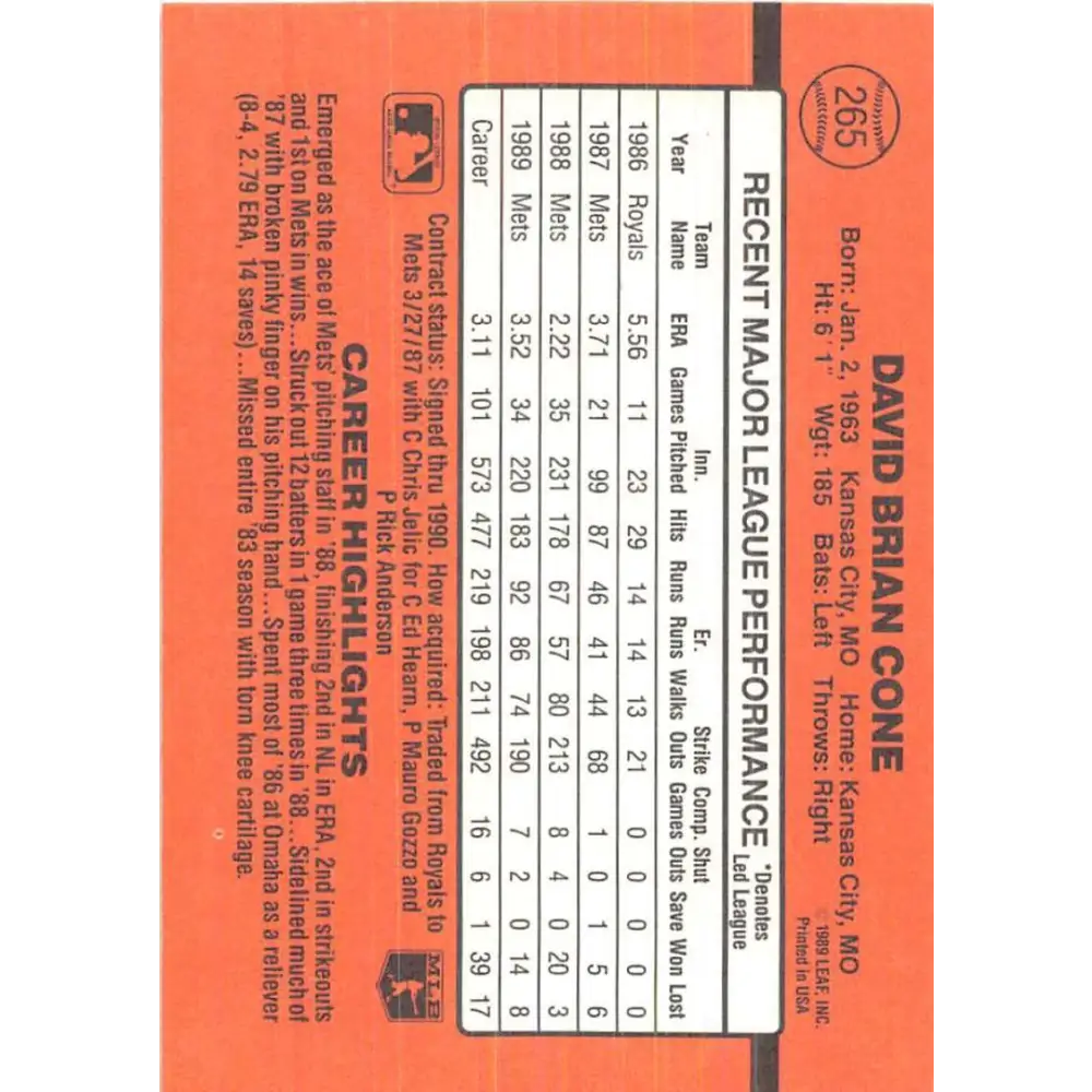 1990 Donruss #265 David Cone VG-EX New York Mets Baseball Card Image 2
