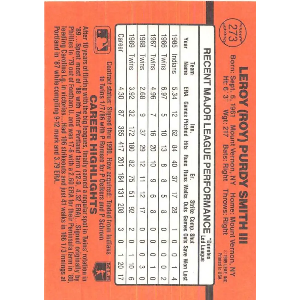 1990 Donruss #273 Roy Smith VG-EX Minnesota Twins Baseball Card Image 2
