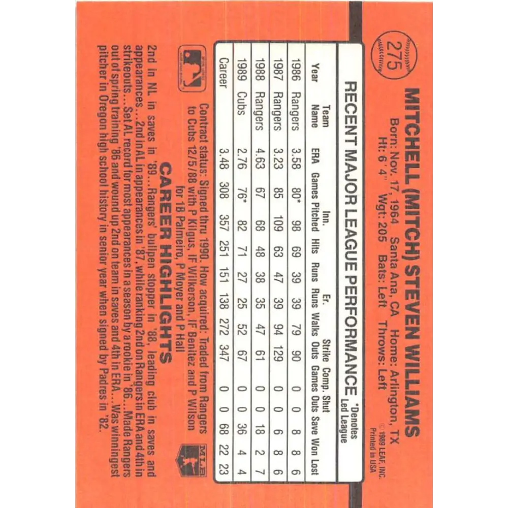 1990 Donruss #275 Mitch Williams VG-EX Chicago Cubs Baseball Card Image 2