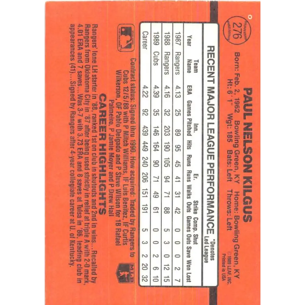1990 Donruss #276 Paul Kilgus VG-EX Chicago Cubs Baseball Card Image 2