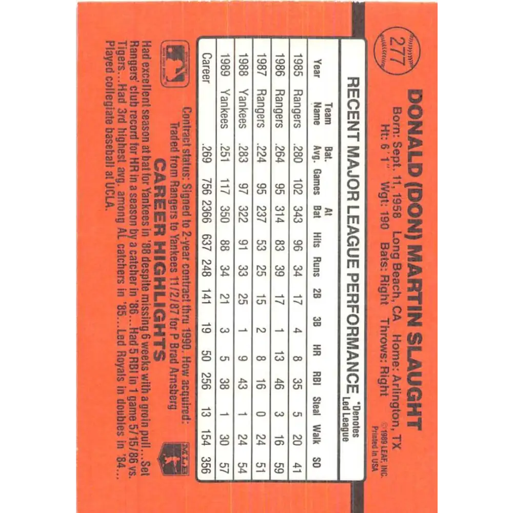 1990 Donruss #277 Don Slaught VG-EX New York Yankees Baseball Card Image 2
